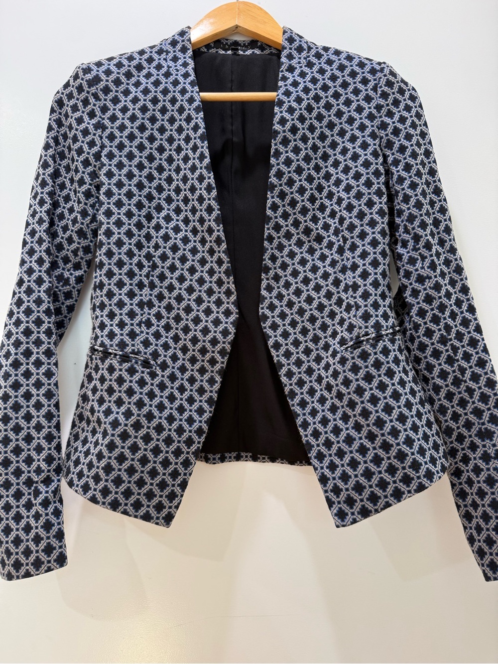 Theory Black Gray Blue Patterned Open Blazer Jacket